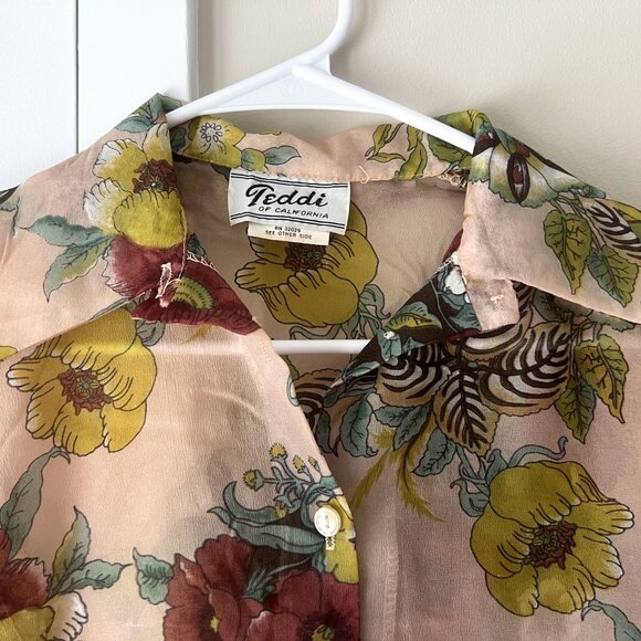 Vintage 70s Sheer Chiffon Blouse Floral Size 10 "Teddi of California" Shirt - Picture 6 of 13